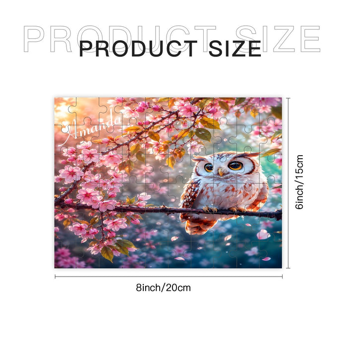 Owl cherry blossom jigsaw puzzle rectangle shown with size diagram markings.