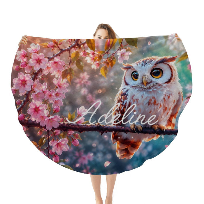 Personalized round owl throw blanket with pink cherry blossoms and owl portrait print