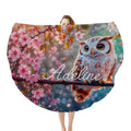 Personalized round owl throw blanket with pink cherry blossoms and owl portrait print