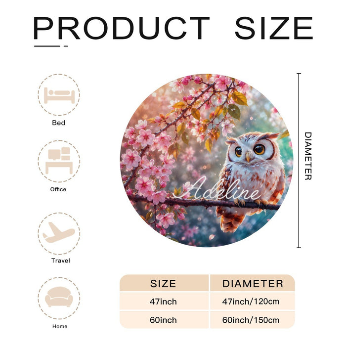 Round owl throw blanket size chart with owl and cherry blossom print