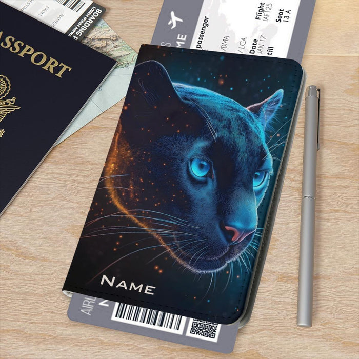 Personalized passport holder with blue celestial panther face artwork and name area