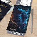 Personalized passport holder with blue celestial panther face artwork and name area