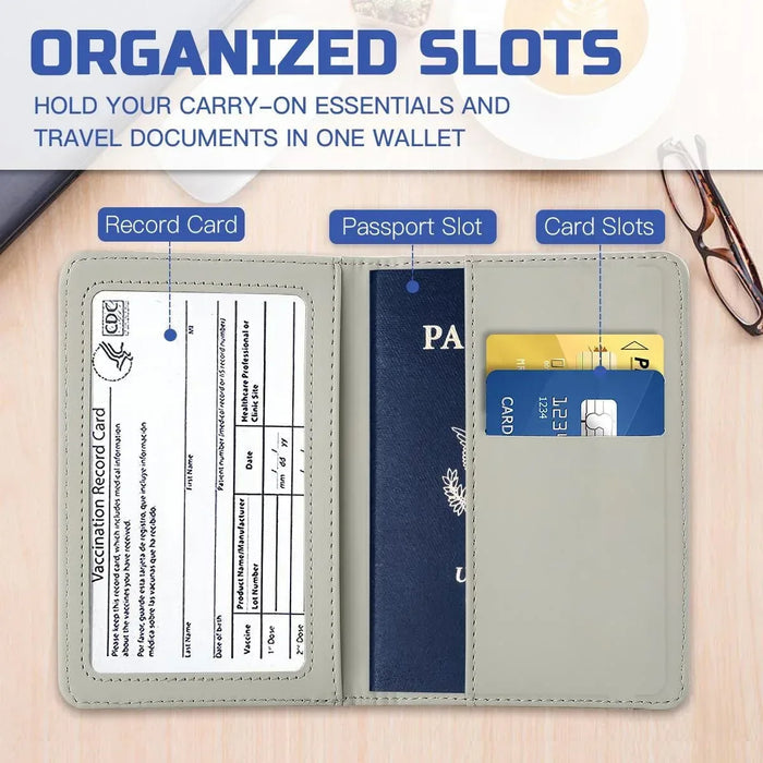 Opened passport holder wallet with card slots and passport compartment, blue interior panel