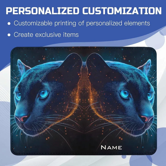 Personalized double-panther passport holder with “NAME” label across the bottom