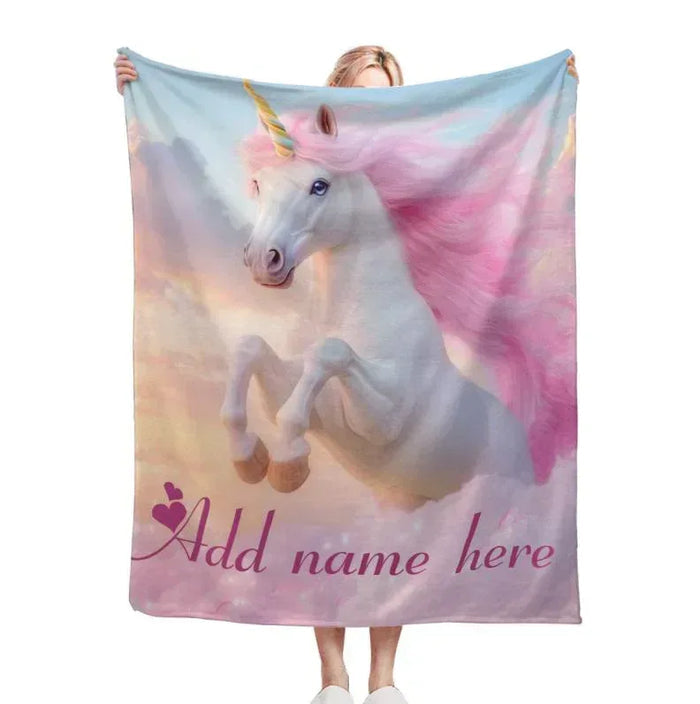 Unicorn fleece blanket with pastel print, hearts, and 'Add name here' text