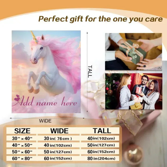 Personalized unicorn fleece blanket with pastel pink-blue unicorn and heart name text