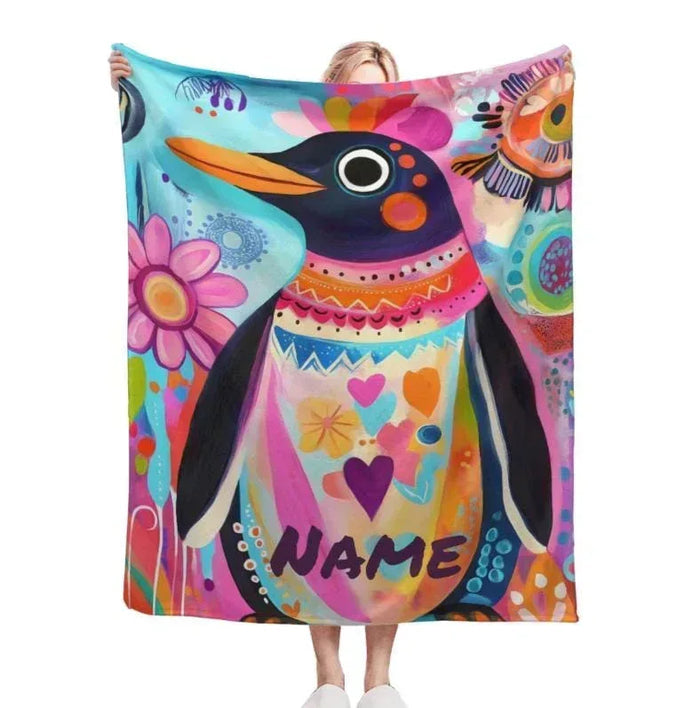 Personalized penguin blanket with colorful arctic animals, name NAME