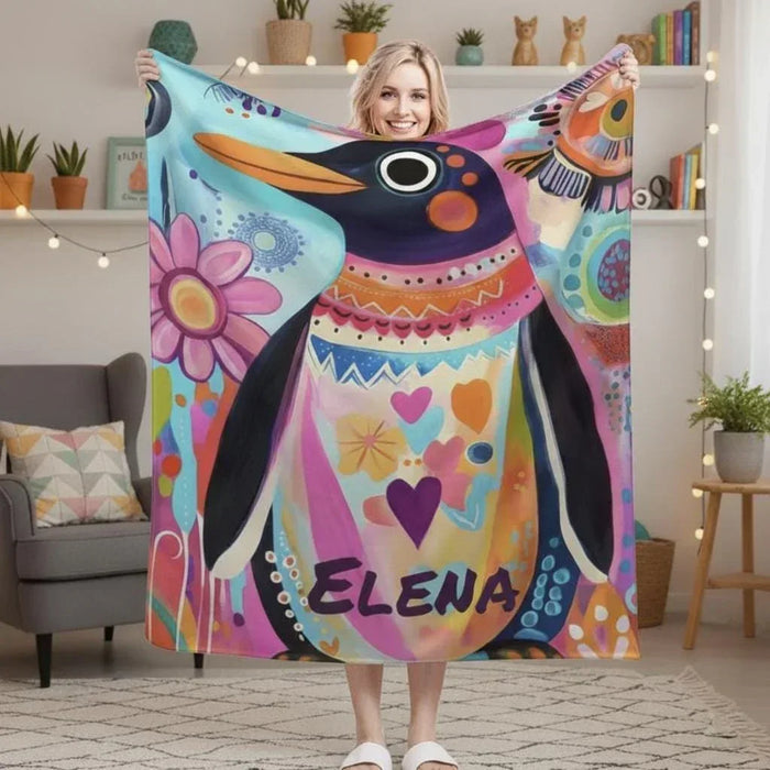 Personalized penguin blanket with colorful arctic animals, name ELENA