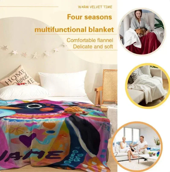Multicolor flannel throw blanket with playful animal-themed print