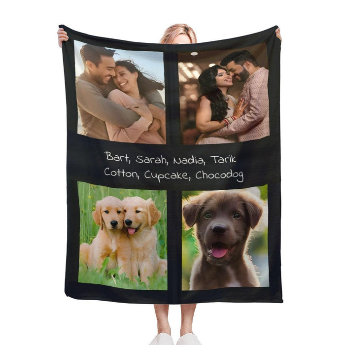 Photo collage throw blanket with four portrait panels, black edge, held up for display