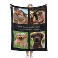Photo collage throw blanket with four portrait panels, black edge, held up for display