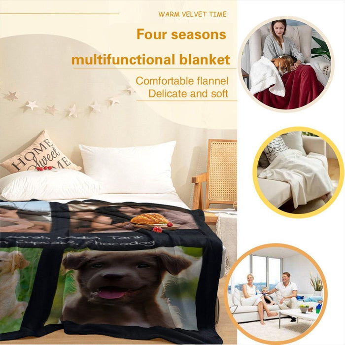 Photo collage throw blanket with four image panels and black border on a bed