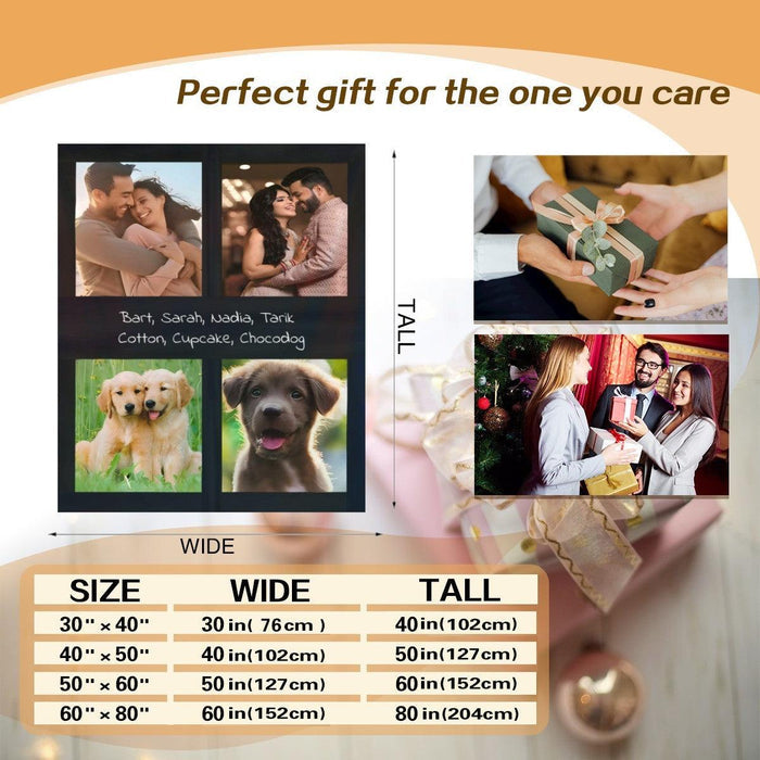 Photo collage throw blanket with four photo panels, with a size chart overlay