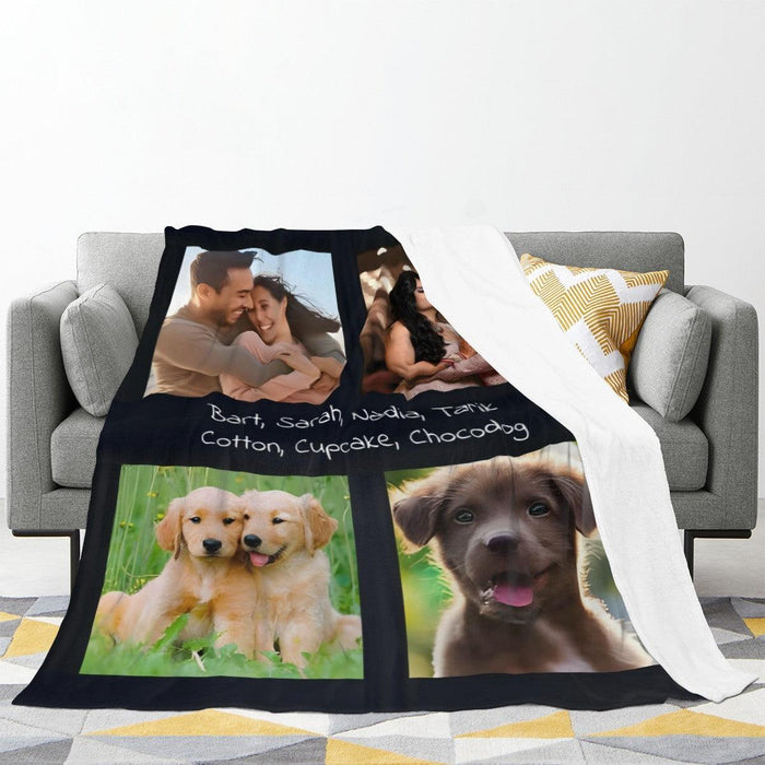 Personalized photo collage throw blanket with four images, black border, and white text