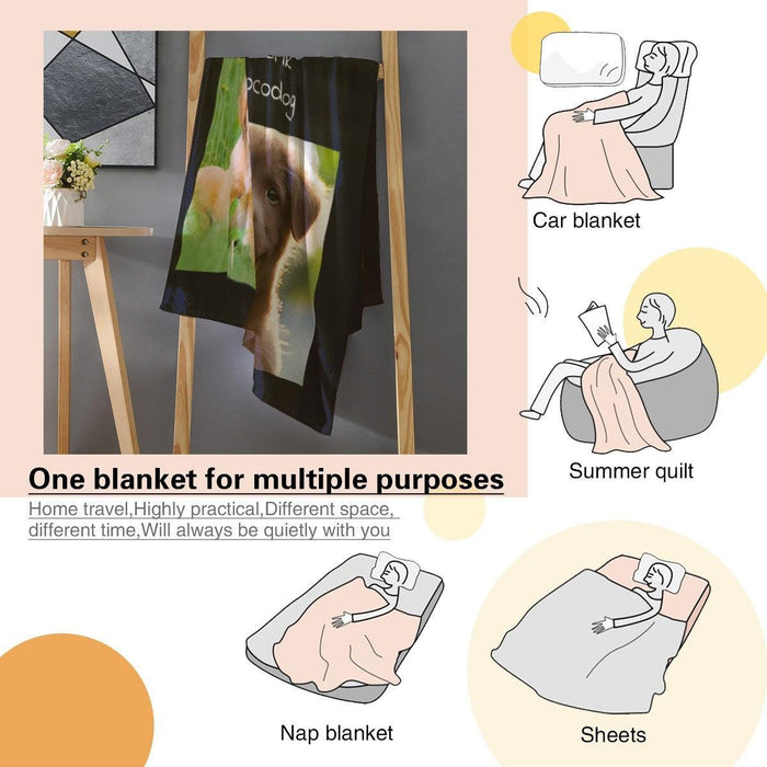 Personalized photo collage throw blanket with dog photo panels and black fabric border