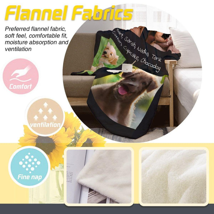Flannel photo collage blanket with four pet photos, black trim, and smooth texture