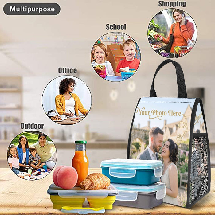 Photo-print insulated tote with black mesh side panels, styled with lunchboxes and supplies