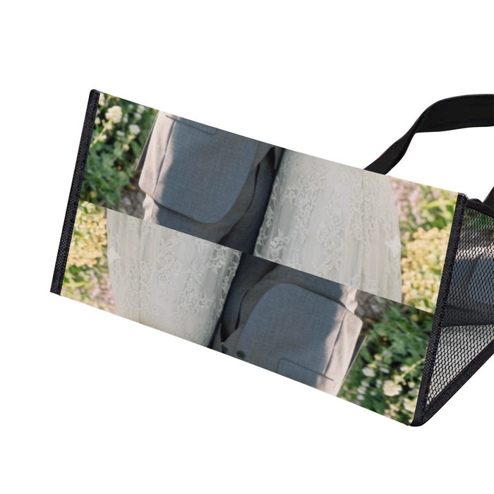 Photo-print insulated tote with black mesh sides, opened to show the interior storage compartment