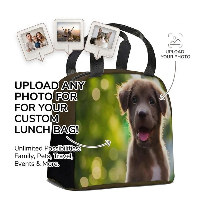 Custom insulated lunch tote bag with dog photo print, black handles and front zipper