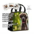Custom insulated lunch tote bag with dog photo print, black handles and front zipper