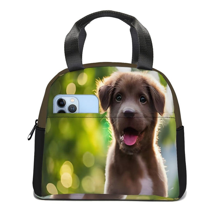 Insulated lunch tote bag with dog face photo print and visible front zip