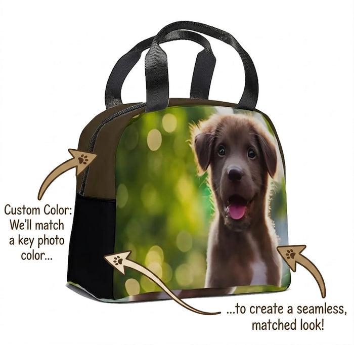 Photo insulated lunch tote bag with puppy print, black handles, dark brown and black body