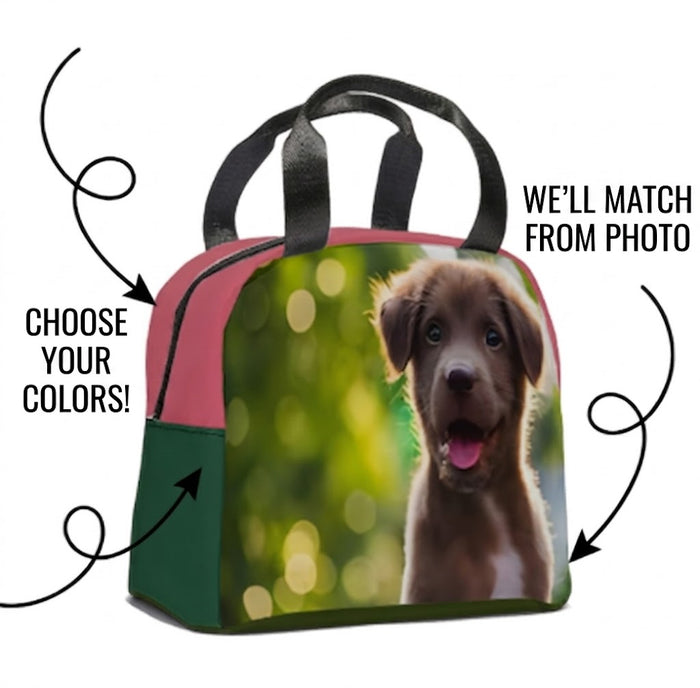 Photo insulated lunch tote bag with puppy print, black handles, burgundy and green sides