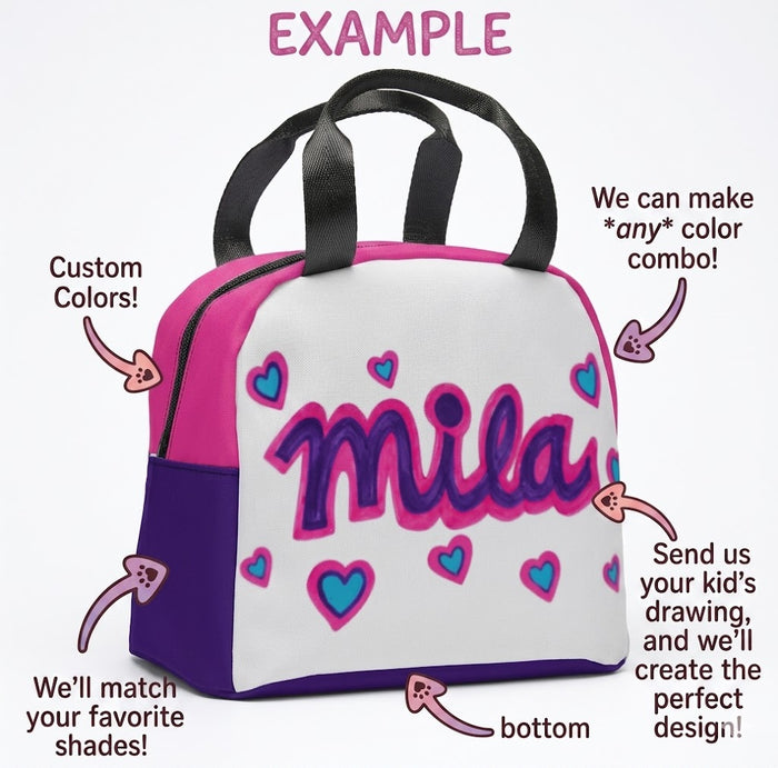 Insulated lunch tote bag with purple trim, heart icons, and colorful 'mila' print, black handles