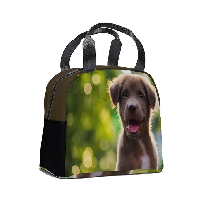 Insulated lunch tote bag with dog photo print, black handles, zippered front
