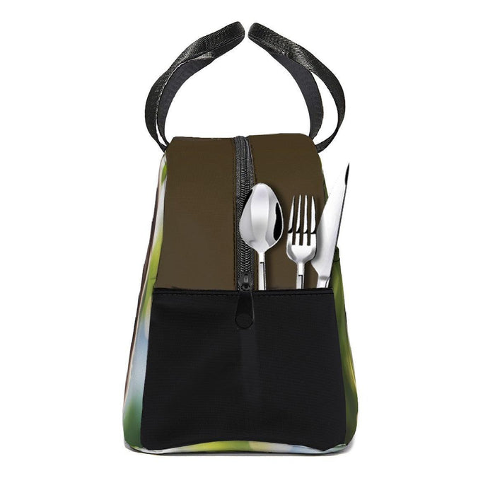 Insulated lunch tote bag with black pocket, utensil graphic, green-patterned sides