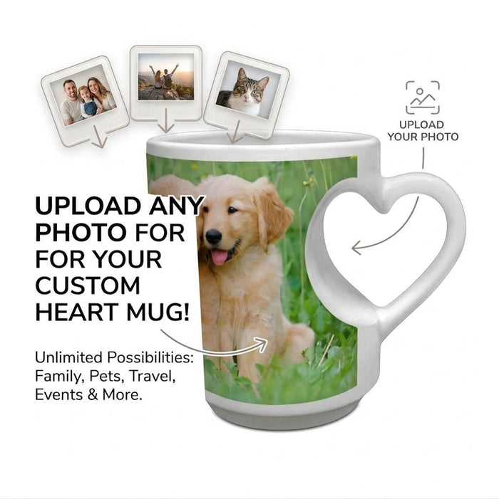 White ceramic mug with heart-shaped handle and golden retriever puppy print for customization