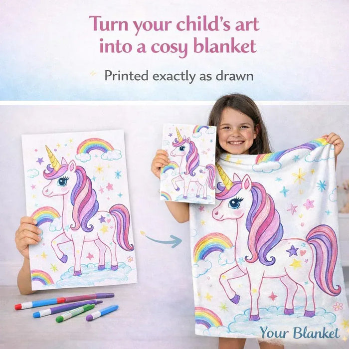 Printed unicorn blanket held by a child, with rainbow and star accents
