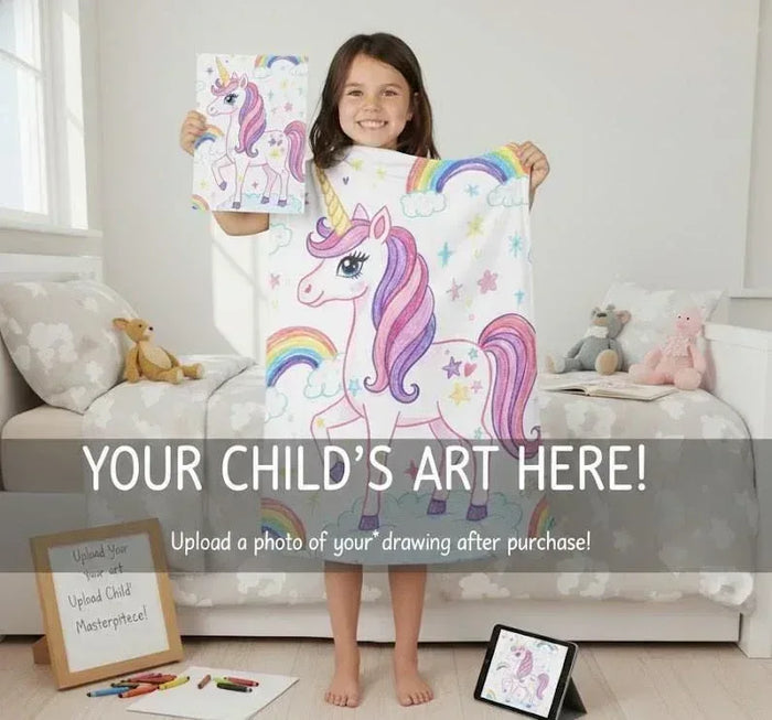 Kids unicorn blanket held up indoors, full colorful unicorn design visible