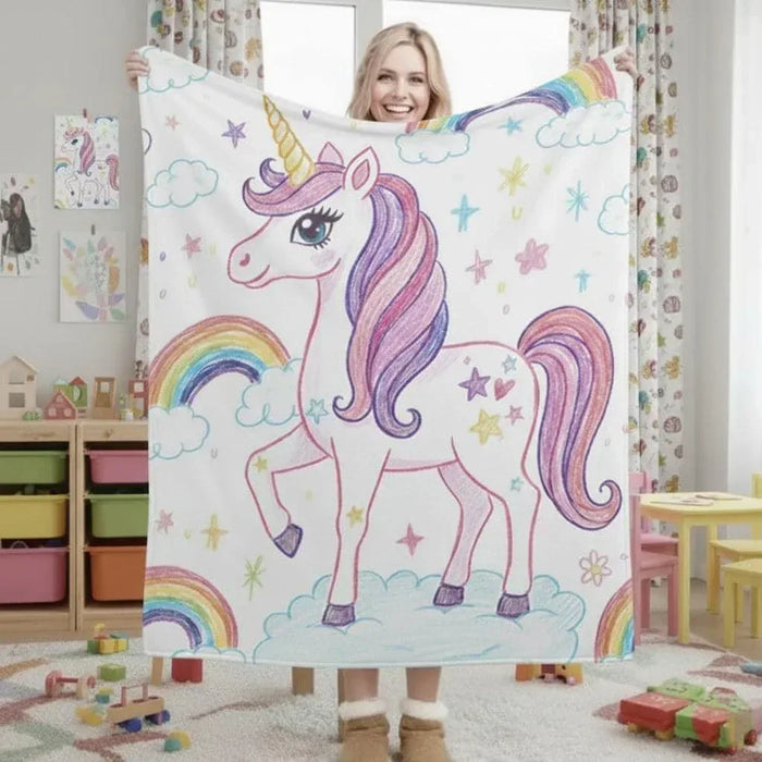 Kids blanket spread up, featuring a large pastel unicorn with rainbow over clouds
