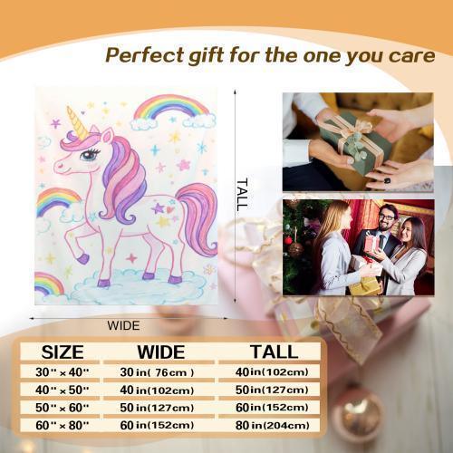 Unicorn fleece blanket size chart preview showing pastel unicorn artwork
