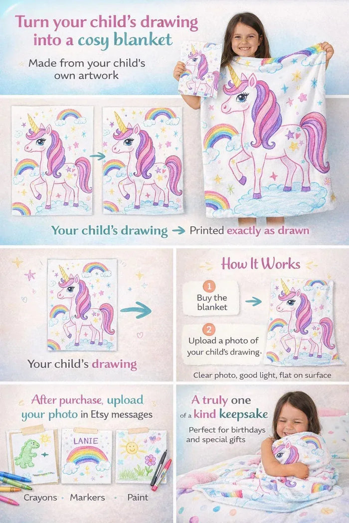 Personalized fleece photo blanket with unicorn rainbow print, folded front view