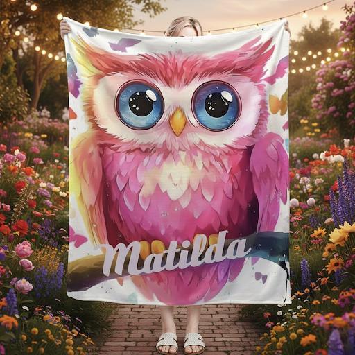 Pink owl fleece throw blanket with big blue eyes and name Matilda, centered design.