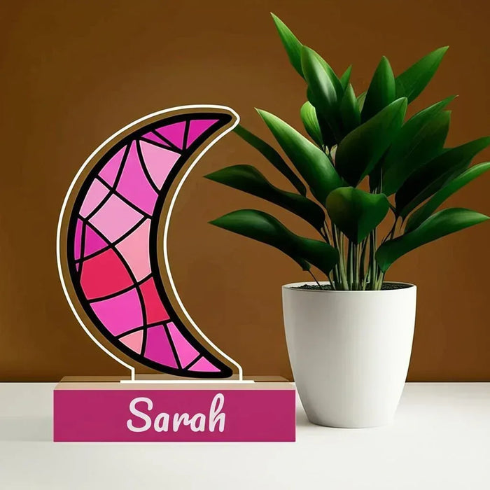 Personalized crescent moon night light with pink stained-glass pattern and wooden base, Sarah