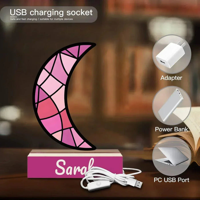 Personalized crescent moon night light with pink stained-glass design, Sarah; USB cable shown
