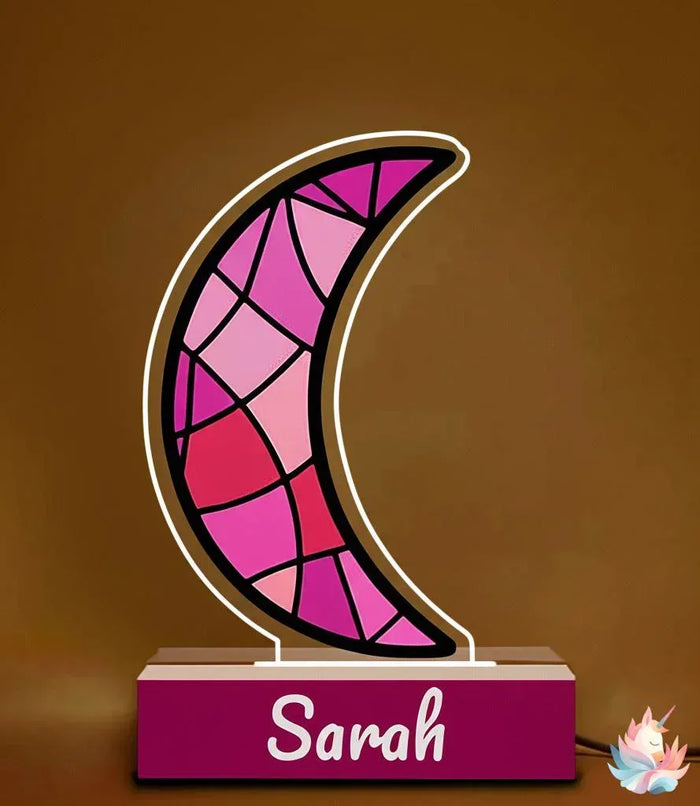 Personalized crescent moon night light with pink stained-glass design on wooden base, Sarah