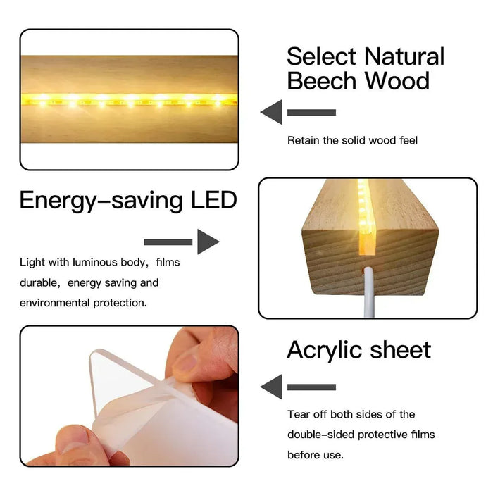 Energy-saving LED night light diagram with natural beech wood option and acrylic sheet