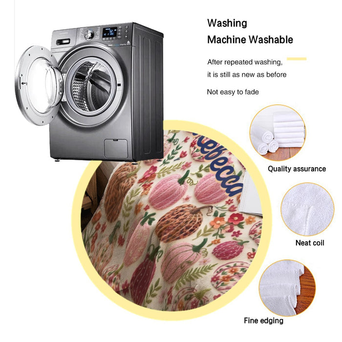 Pumpkin-floral fleece throw blanket shown with washing-machine inset and neat edging
