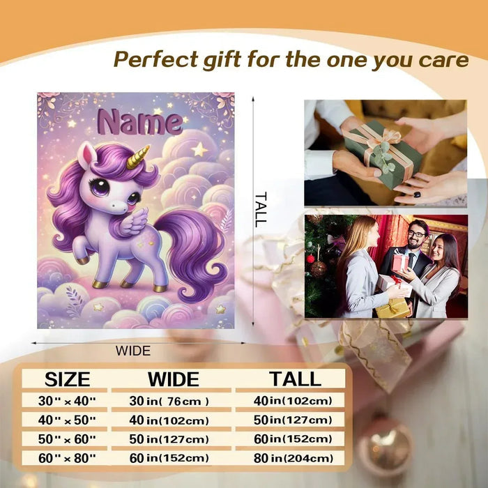 Purple unicorn blanket with “Name” placeholder, cloud-and-star design and size chart.