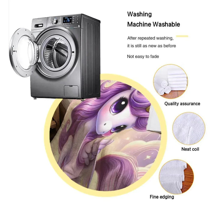 Purple unicorn flannel blanket detail with neat stitched edging and plush surface