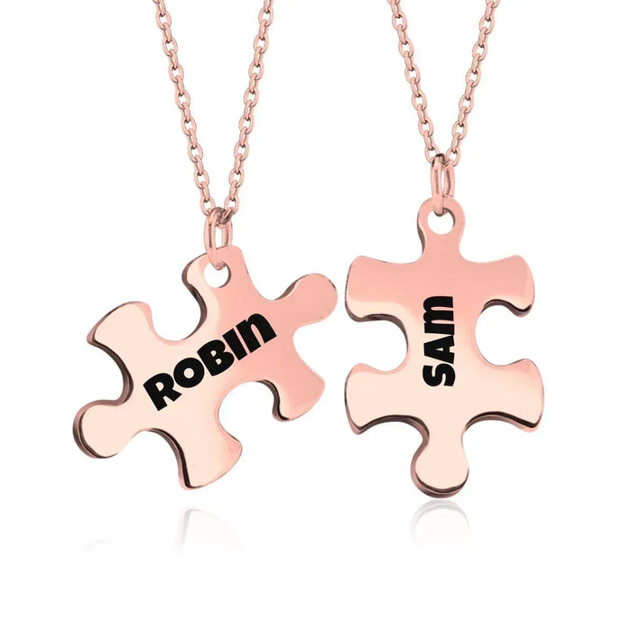 Rose-gold puzzle pendant necklace set with two engraved name charms on chain
