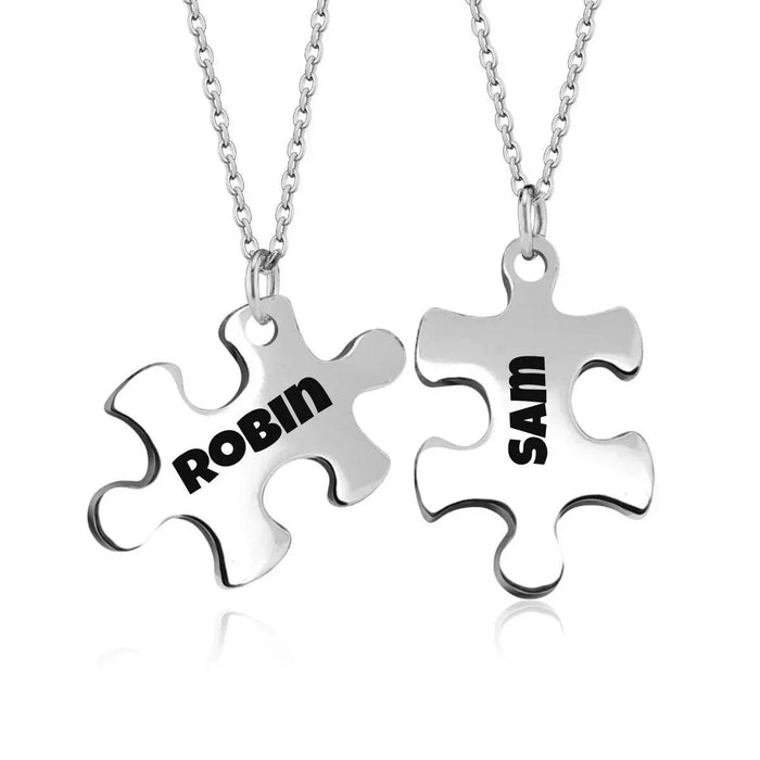 Silver puzzle pendant necklace set with two engraved name charms on chain