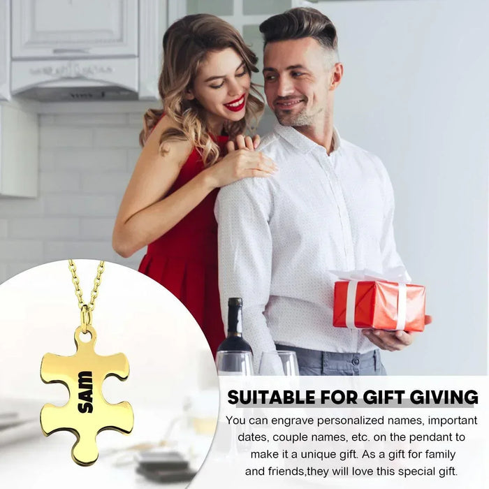 Gold puzzle pendant necklace set with engraved name charms on link chain