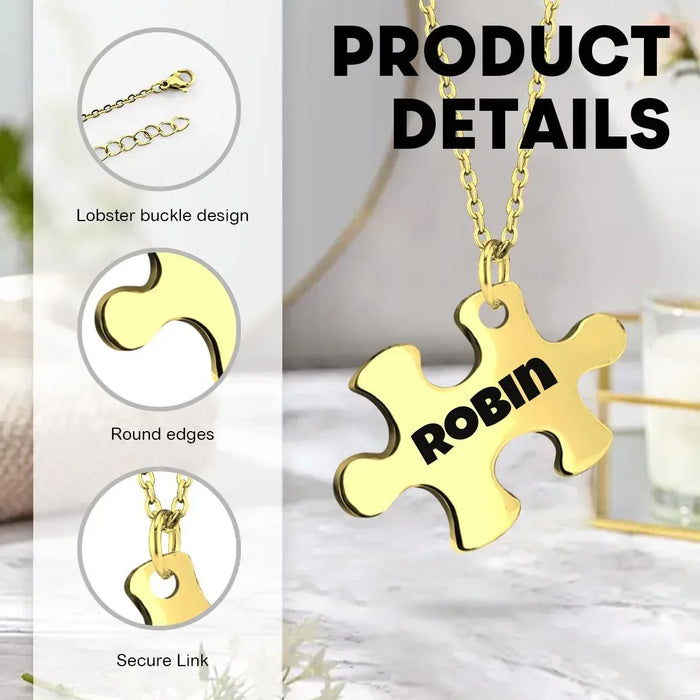 Gold puzzle pendant necklace with secure link chain and round-edge charm