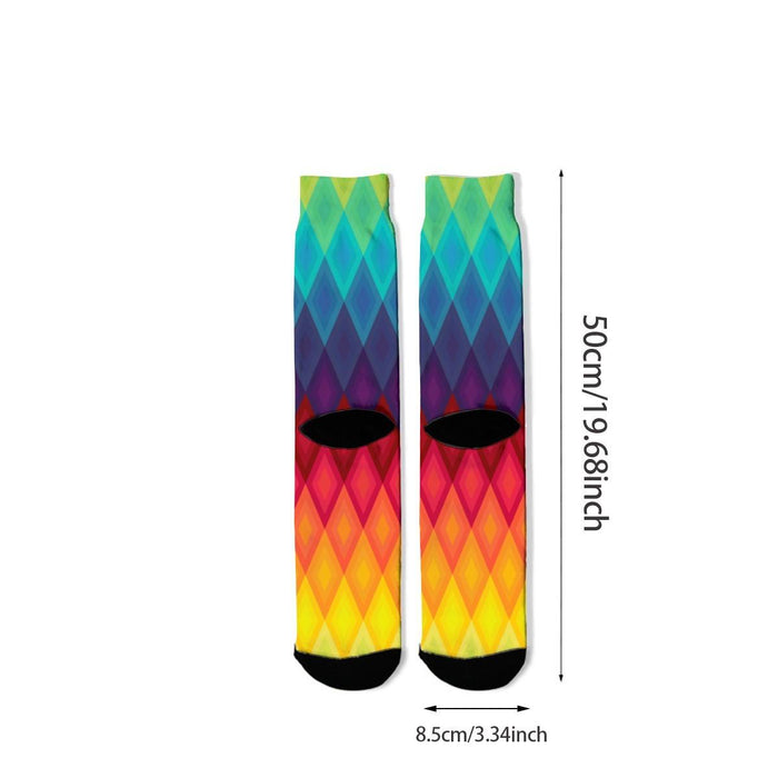 Pair of mid-calf rainbow socks with diamond chevron pattern, black toe openings