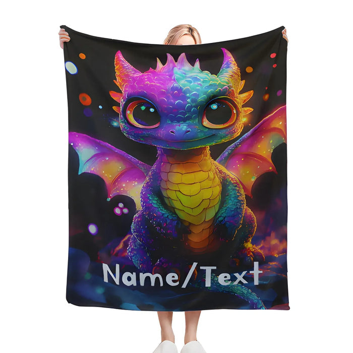 Black blanket featuring a glowing rainbow dragon with Name/Text across the bottom